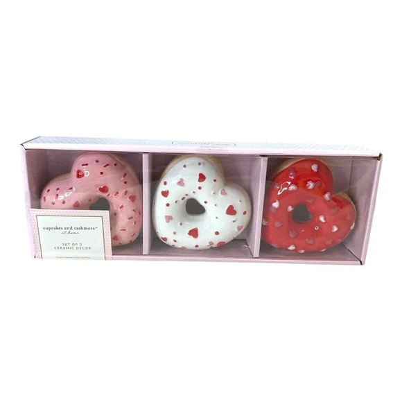 Cupcakes & Cashmere Heart Sprinkle Ceramic Donuts Set of 3 Love Valentines Decor - Picture 1 of 4